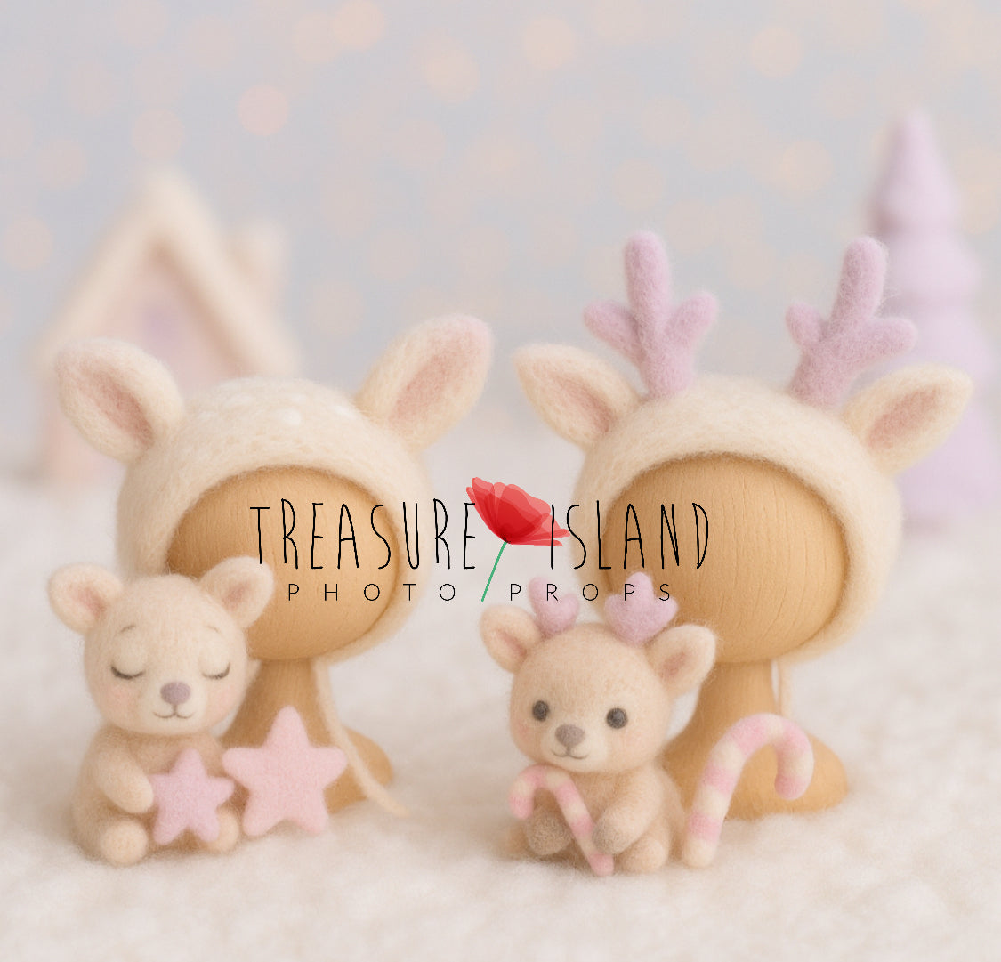 Handmade felted Deer and Reindeer Candy Set with bonnets and miniature companions for newborn photography