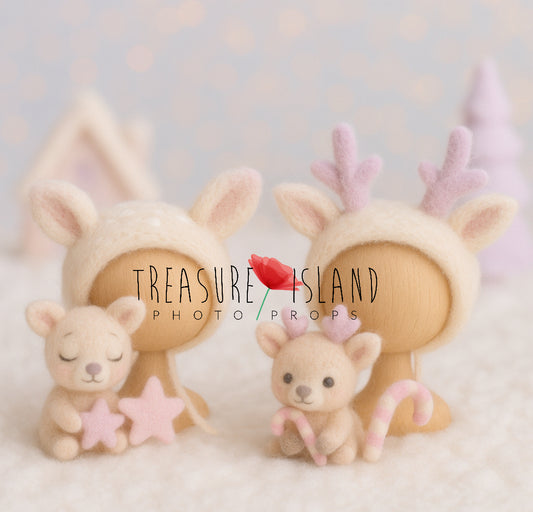 Handmade felted Deer and Reindeer Candy Set with bonnets and miniature companions for newborn photography