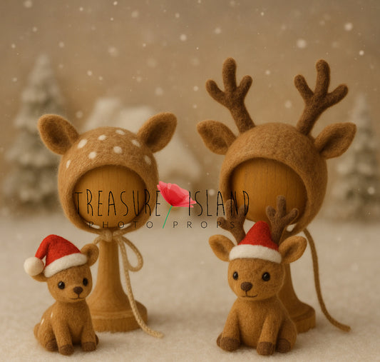 Handmade felted deer and reindeer Christmas set with matching bonnets and miniature Santa hat toys for newborn photography