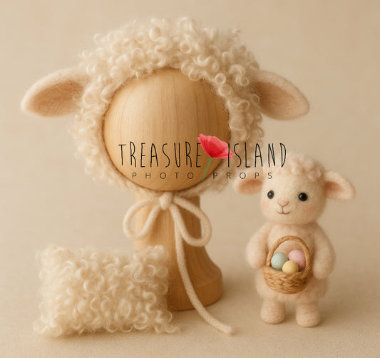 Felted Easter lamb photography set with curly wool bonnet, lamb with pastel egg basket and sheep pillow