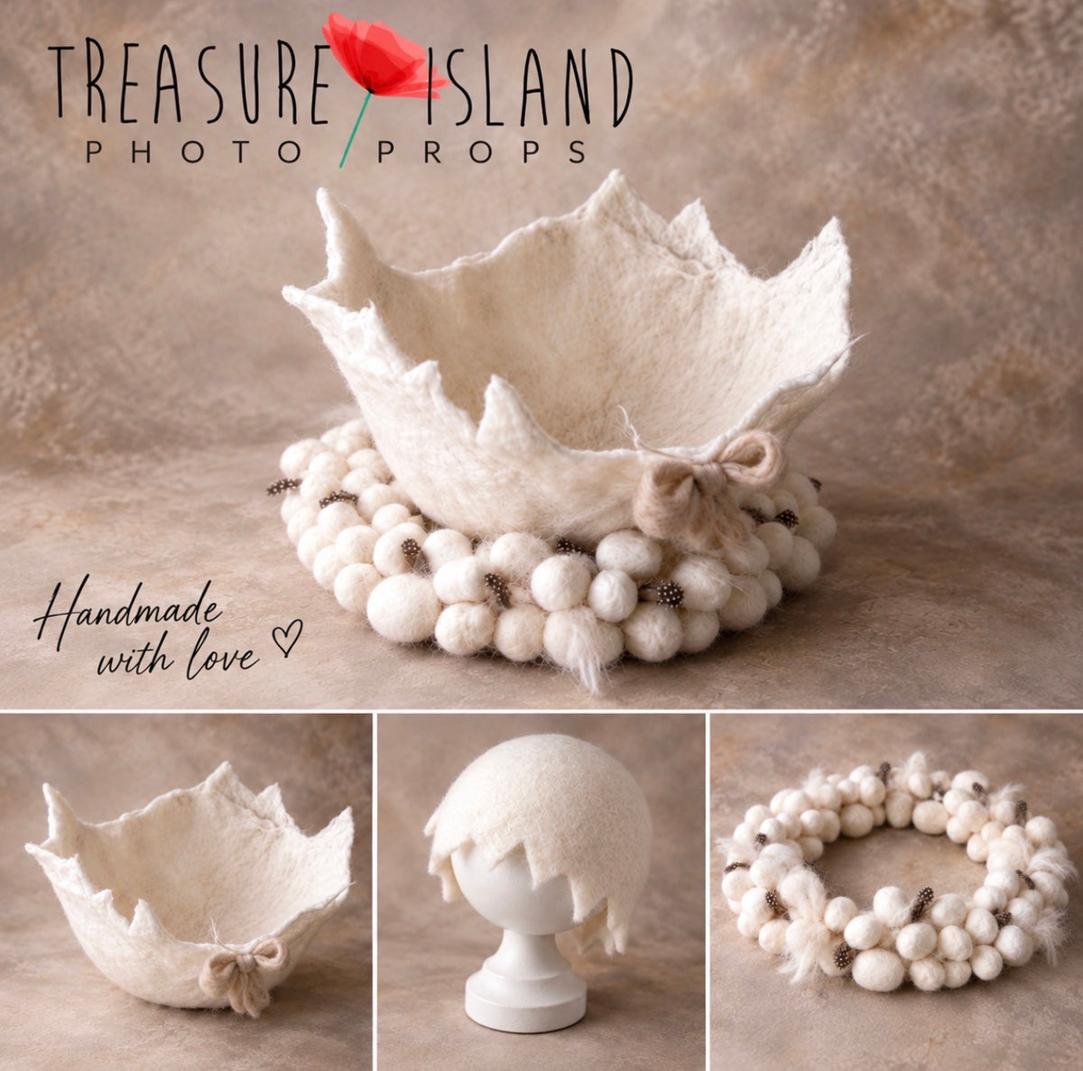 Handmade felted eggshell newborn photography set with mini egg wreath and matching bonnet