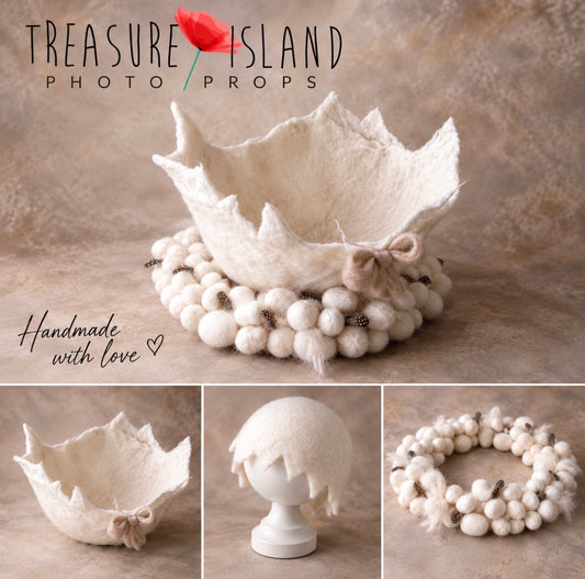 Handmade felted eggshell newborn photography set with mini egg wreath and matching bonnet