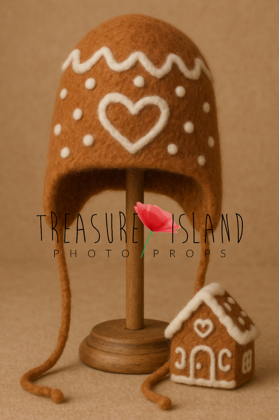 Hand-felted Gingerbread bonnet with white icing details and matching felted gingerbread cottage for newborn and sitter Christmas photography