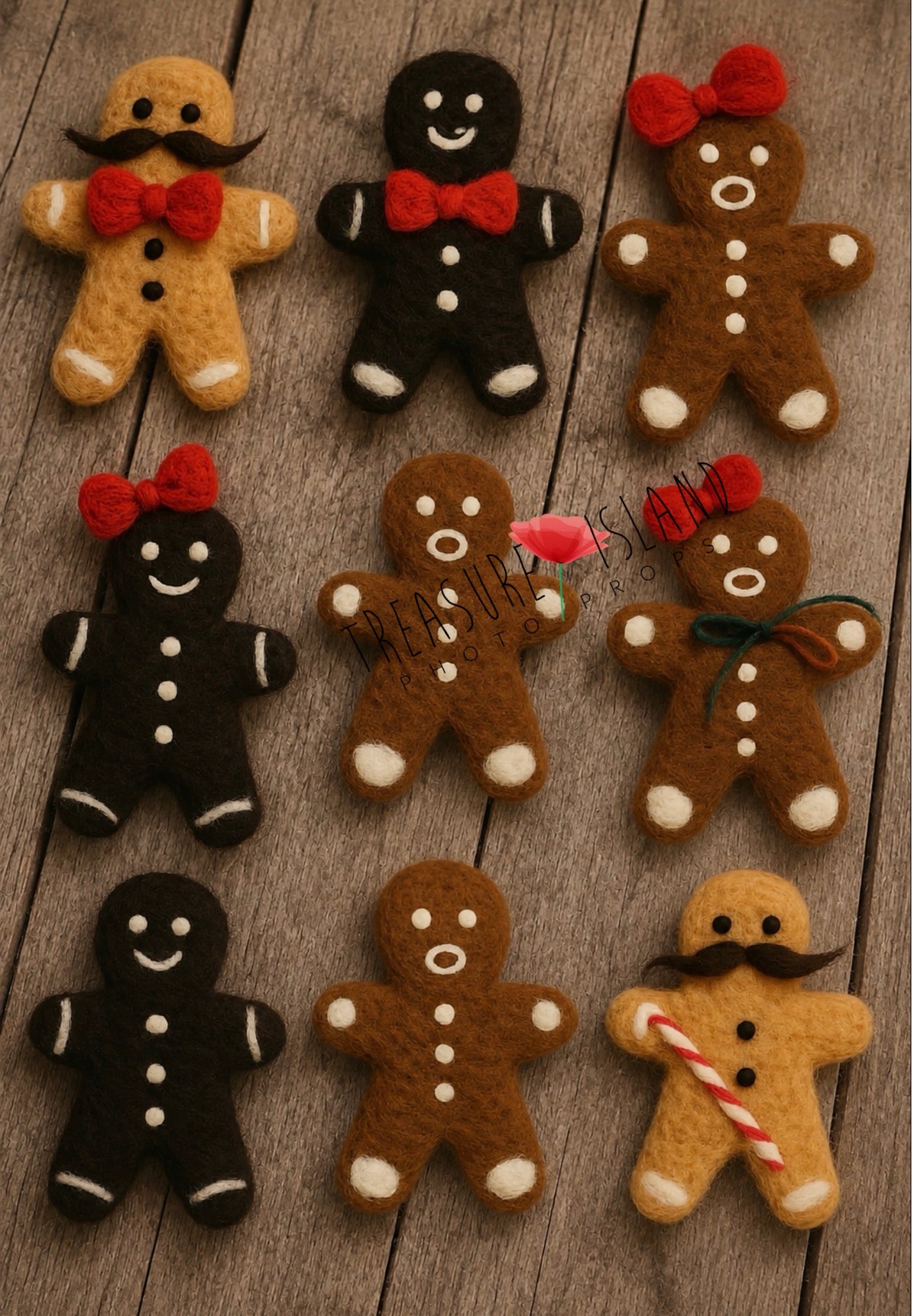 Set of nine handmade felted gingerbread people for Christmas photography