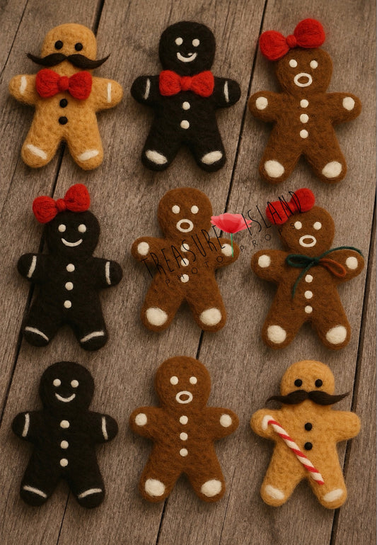 Set of nine handmade felted gingerbread people for Christmas photography