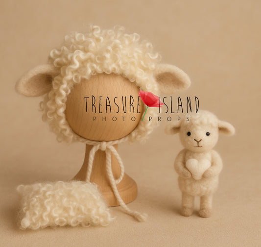 Felted Lamb Love Set with curly wool sheep bonnet, matching pillow and handmade lamb holding a white heart