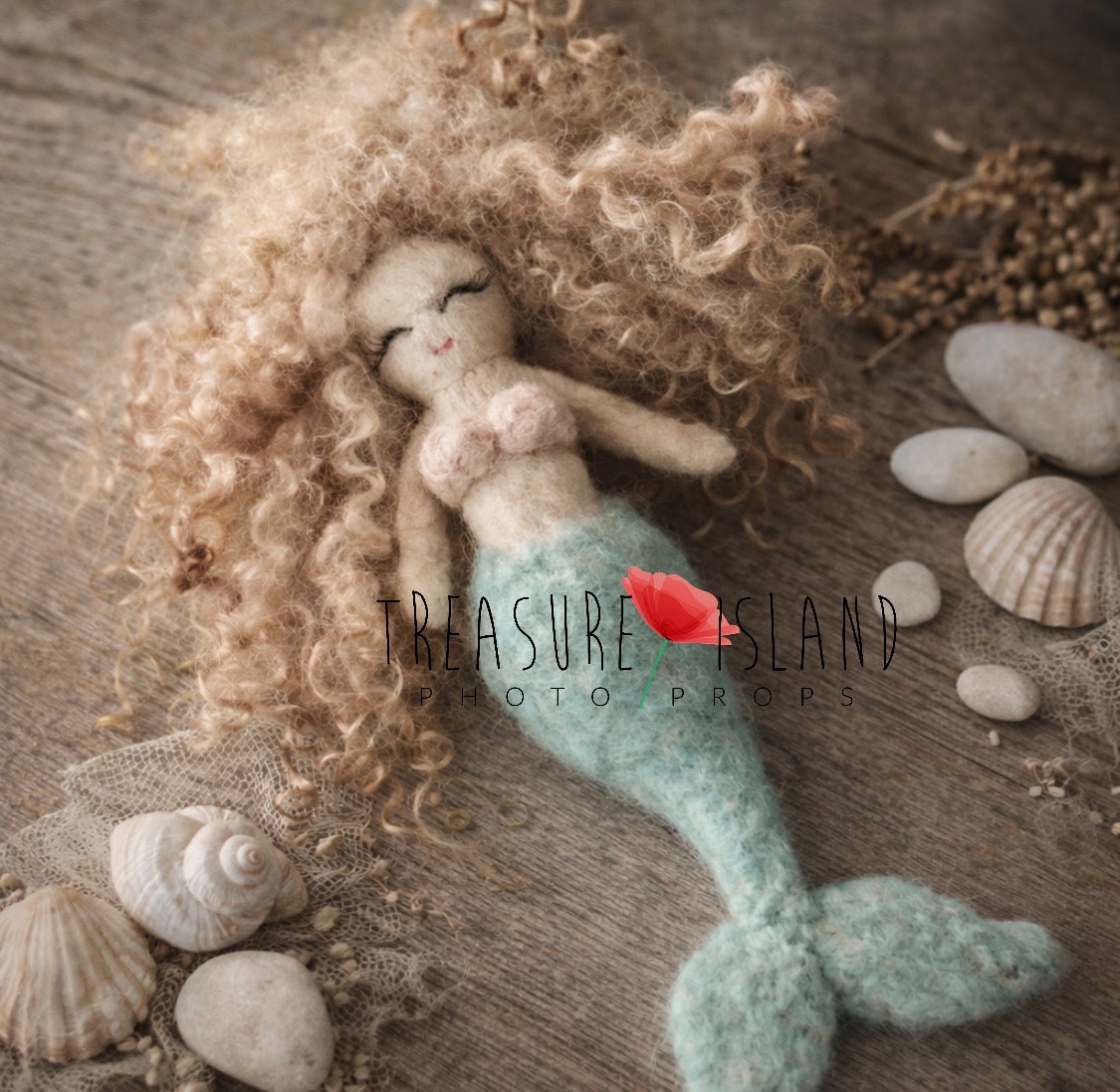 Handmade felted mermaid Aireya in seafoam with natural sheep curl hair for newborn photography