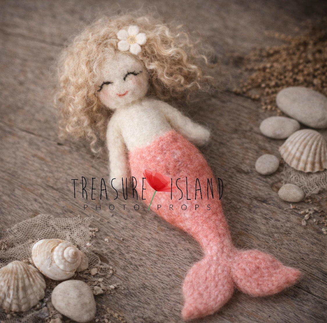 Handmade felted mermaid Solaya with coral tail and natural blonde sheep curls for newborn photography