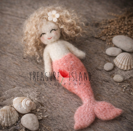 Handmade felted mermaid Solaya with coral tail and natural blonde sheep curls for newborn photography
