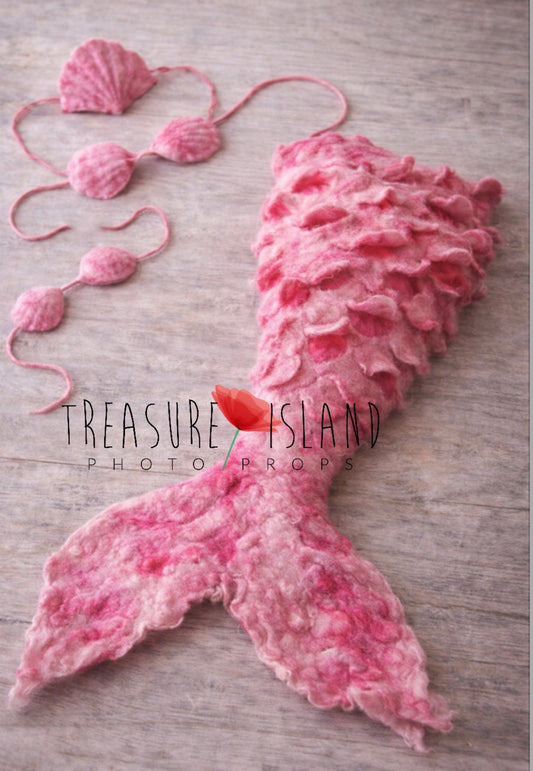 Blush Coral felted mermaid tail with matching shell top and headband