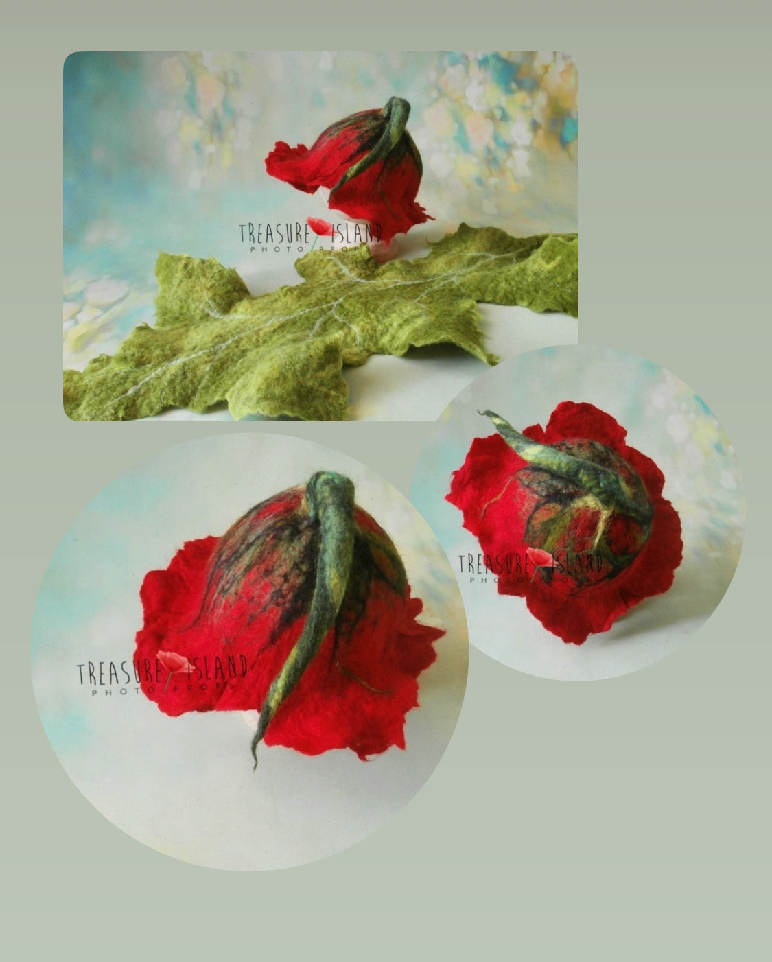 Hand-felted red poppy bonnet and green botanical leaf photography props shown from multiple angles