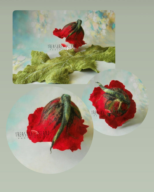 Hand-felted red poppy bonnet and green botanical leaf photography props shown from multiple angles