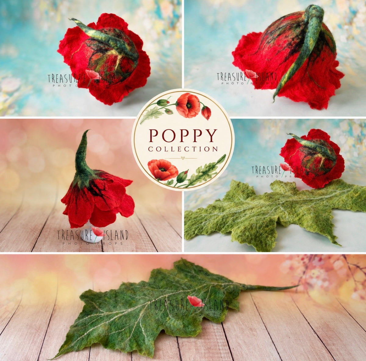 Hand-felted red poppy bonnet and green leaf botanical props for newborn and sitter photography