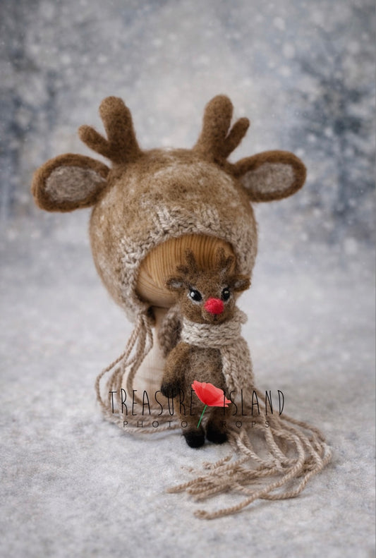 Handmade felted reindeer bonnet and red-nosed reindeer toy set for newborn Christmas photography
