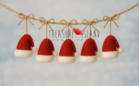 Handmade felted Santa hat garland with five red and white merino wool hats for Christmas photography