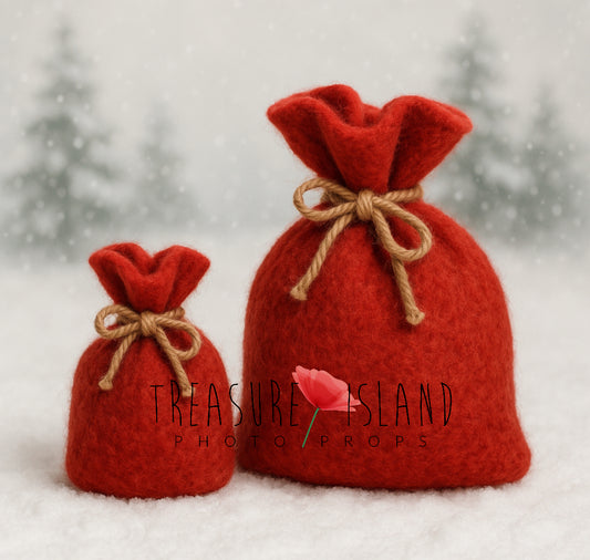 Two red hand-felted Santa sacks in 10 cm and 20 cm sizes for Christmas photography setups