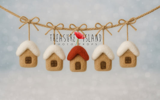 Hand-felted snowy cottage garland with five merino wool houses for winter photography setups