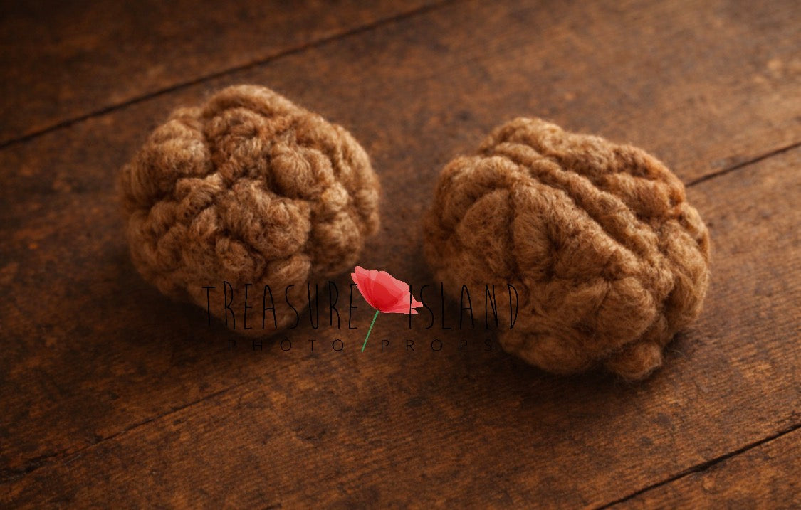 Two handmade felted walnut kernels for autumn and woodland photography styling