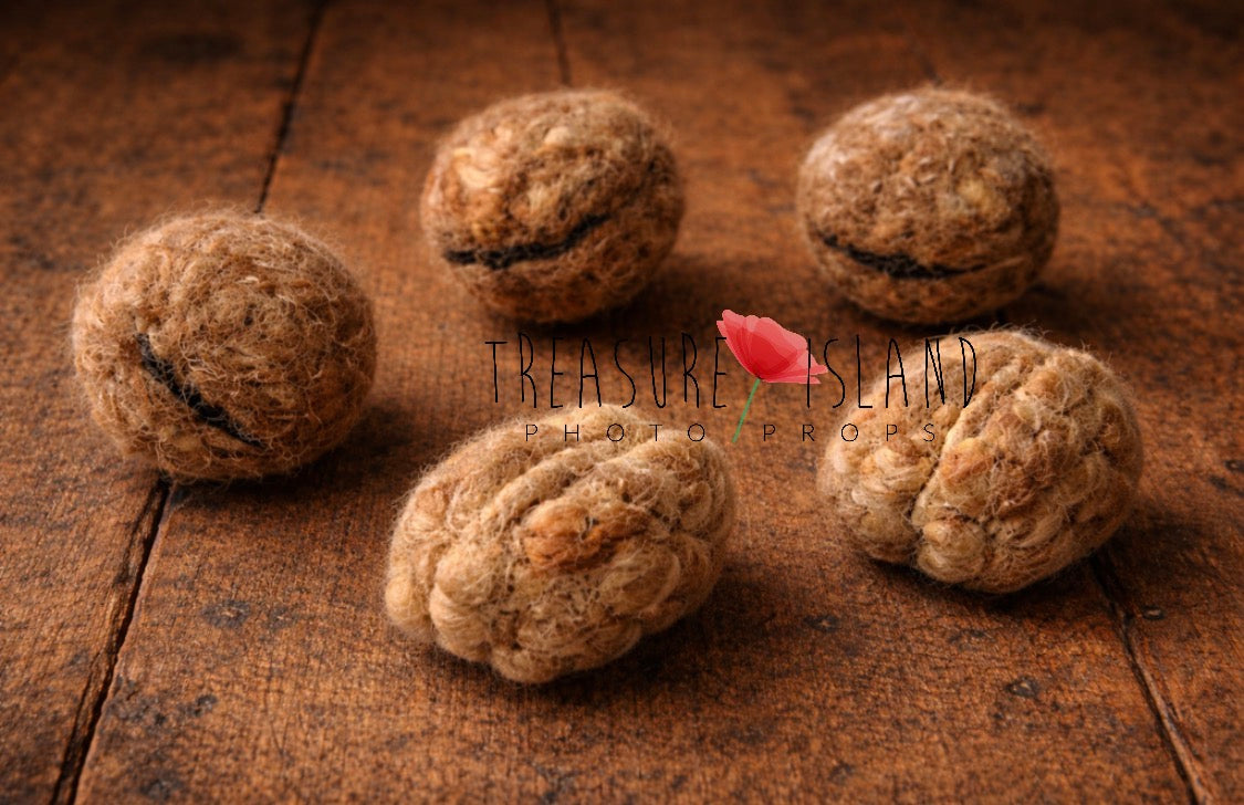 Handmade felted walnut set with three whole walnuts and two walnut kernels for woodland photography