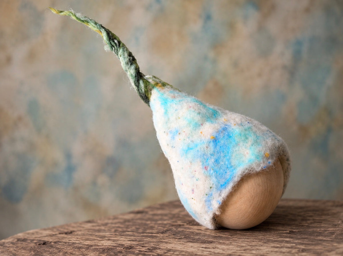 Hand-felted white and blue twisted pixie hat with green tip for newborn and sitter photography