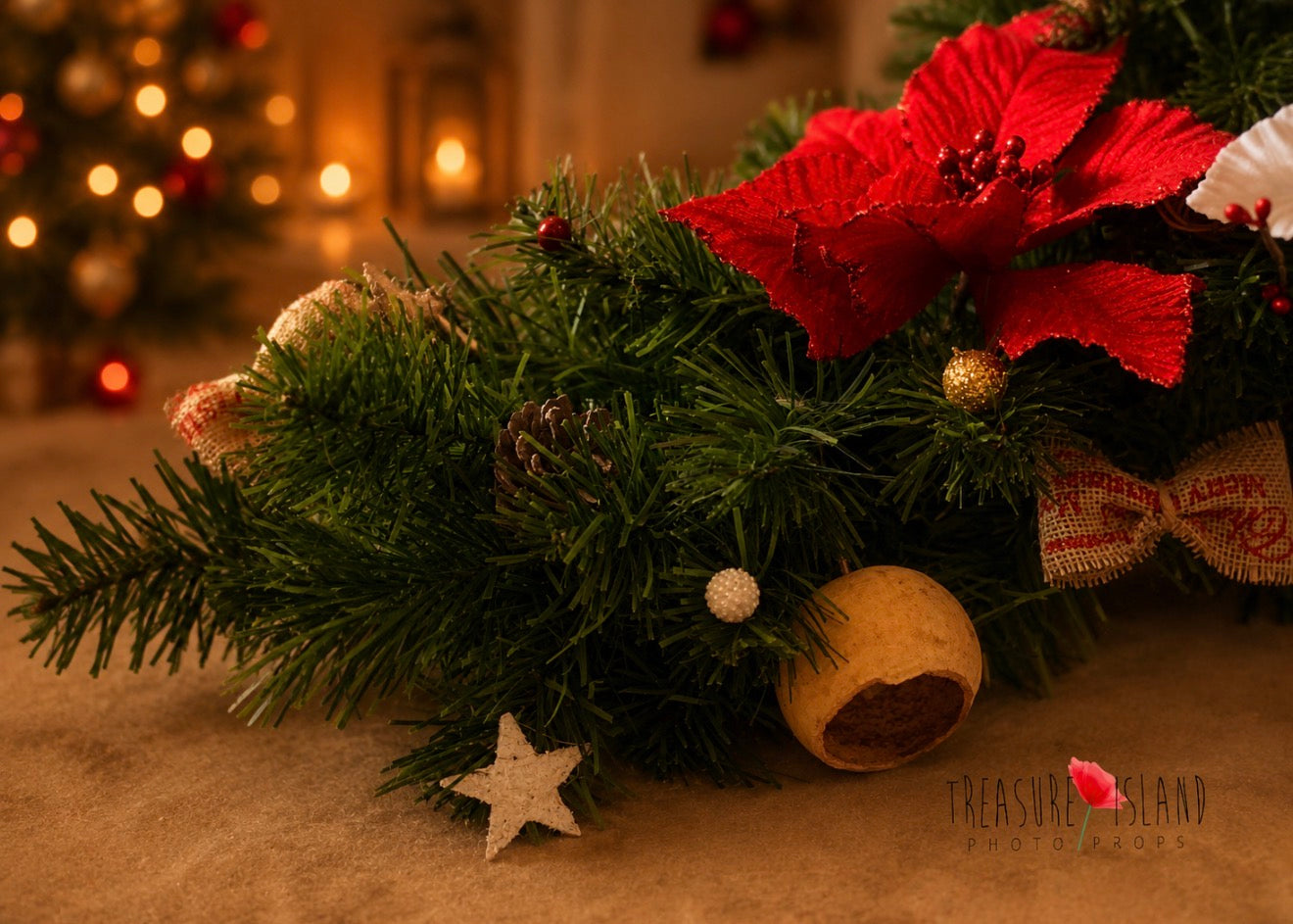 Festive evergreen garland with red poinsettia, pinecone and rustic Christmas decorations
