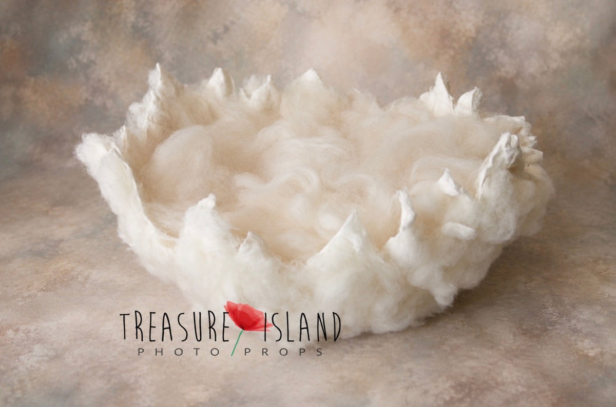 Ivory fluffy felted eggshell bowl with loose wool filling for newborn photography