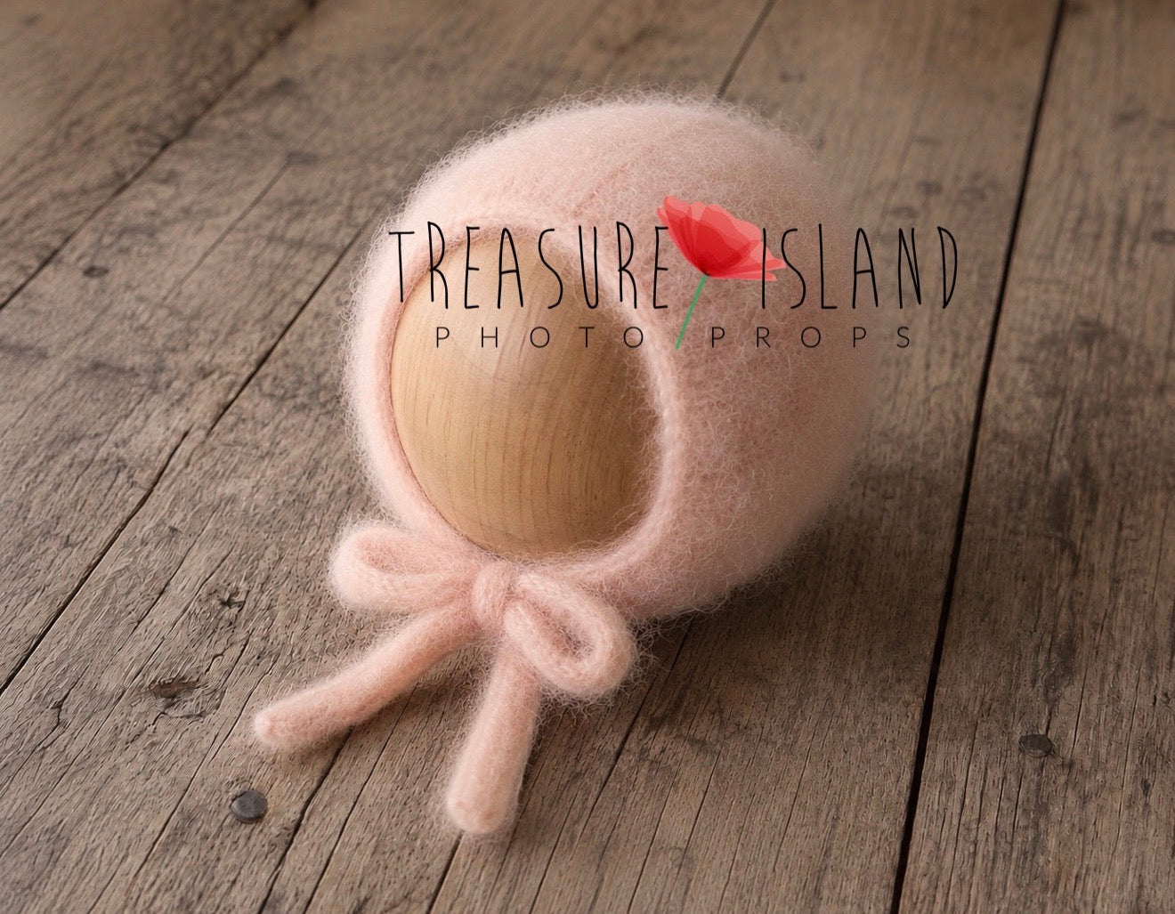 Blush pink fluffy knitted bonnet with tie front for newborn photography