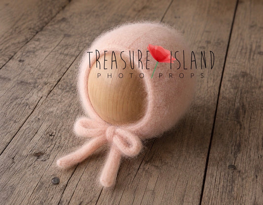 Blush pink fluffy knitted bonnet with tie front for newborn photography