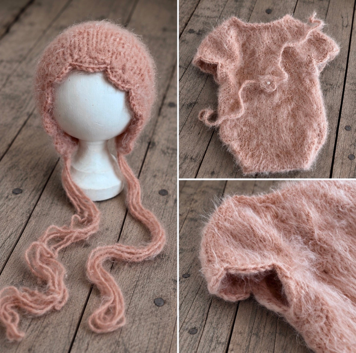 Collage showing a fluffy dusty pink knitted newborn photography bonnet, matching bodysuit, floral headband and close-up fabric details.