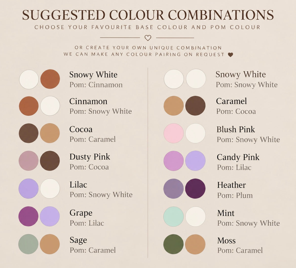 Suggested colour combinations for handmade fluffy knitted newborn and sitter photography hats, showing 14 coordinated hat and pom-pom colour pairings