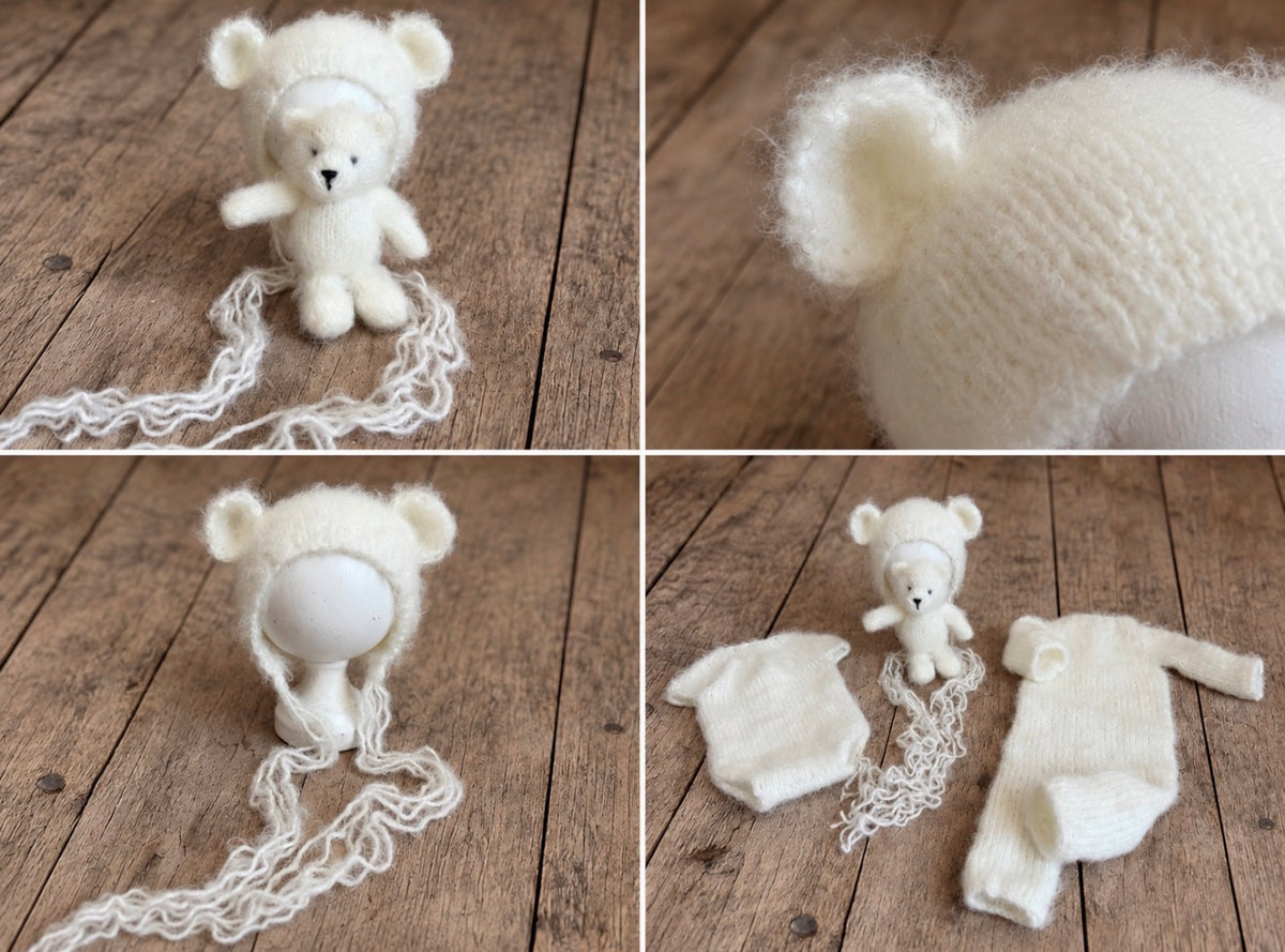 Collage of a fluffy knitted newborn photography set featuring a bear-ear bonnet, miniature teddy bear, bodysuit and romper with close-up details.