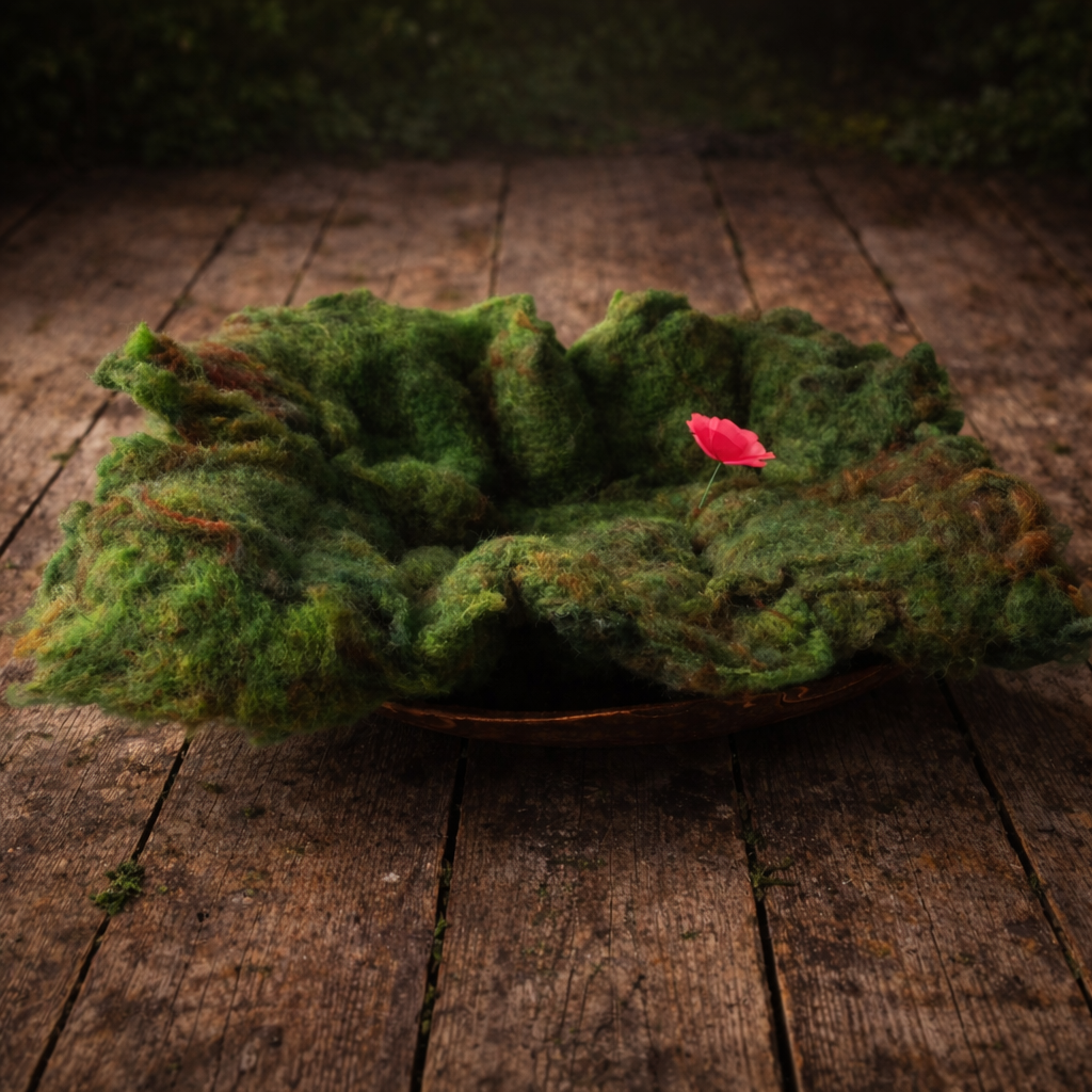 Handmade green and brown merino wool Forest Cloud layer for newborn photography