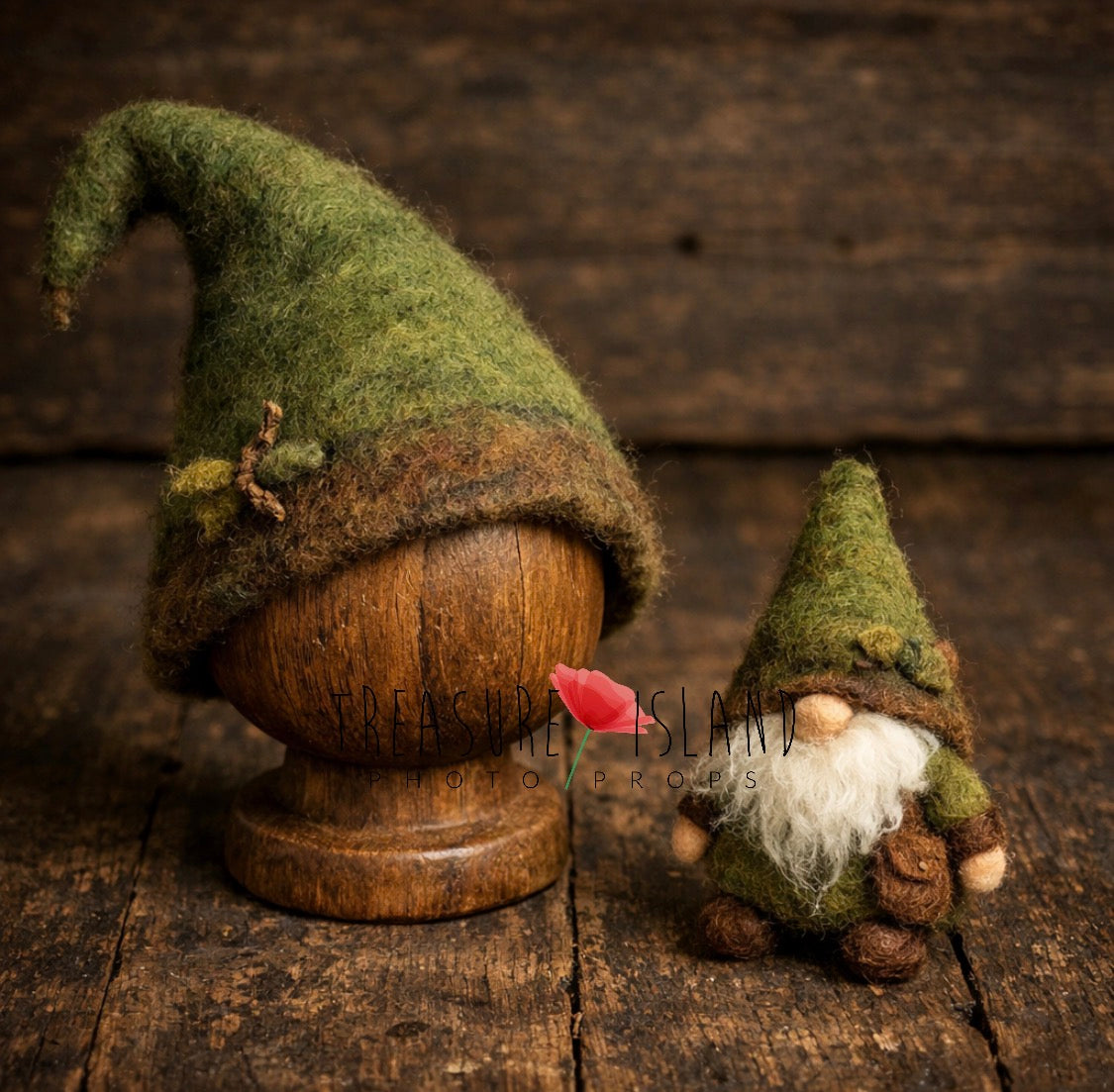 Hand-felted Forest Gnome bonnet and miniature wool gnome companion for newborn and sitter photography