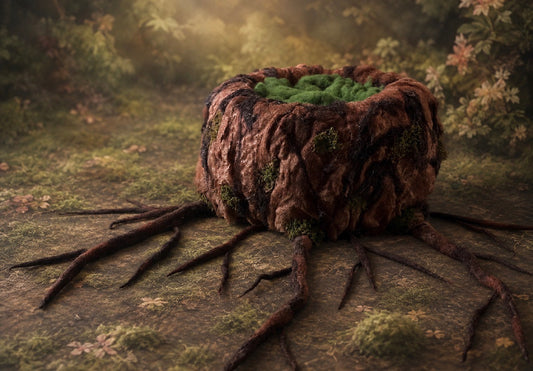 Forest tree trunk with exposed roots for newborn and sitter woodland photography