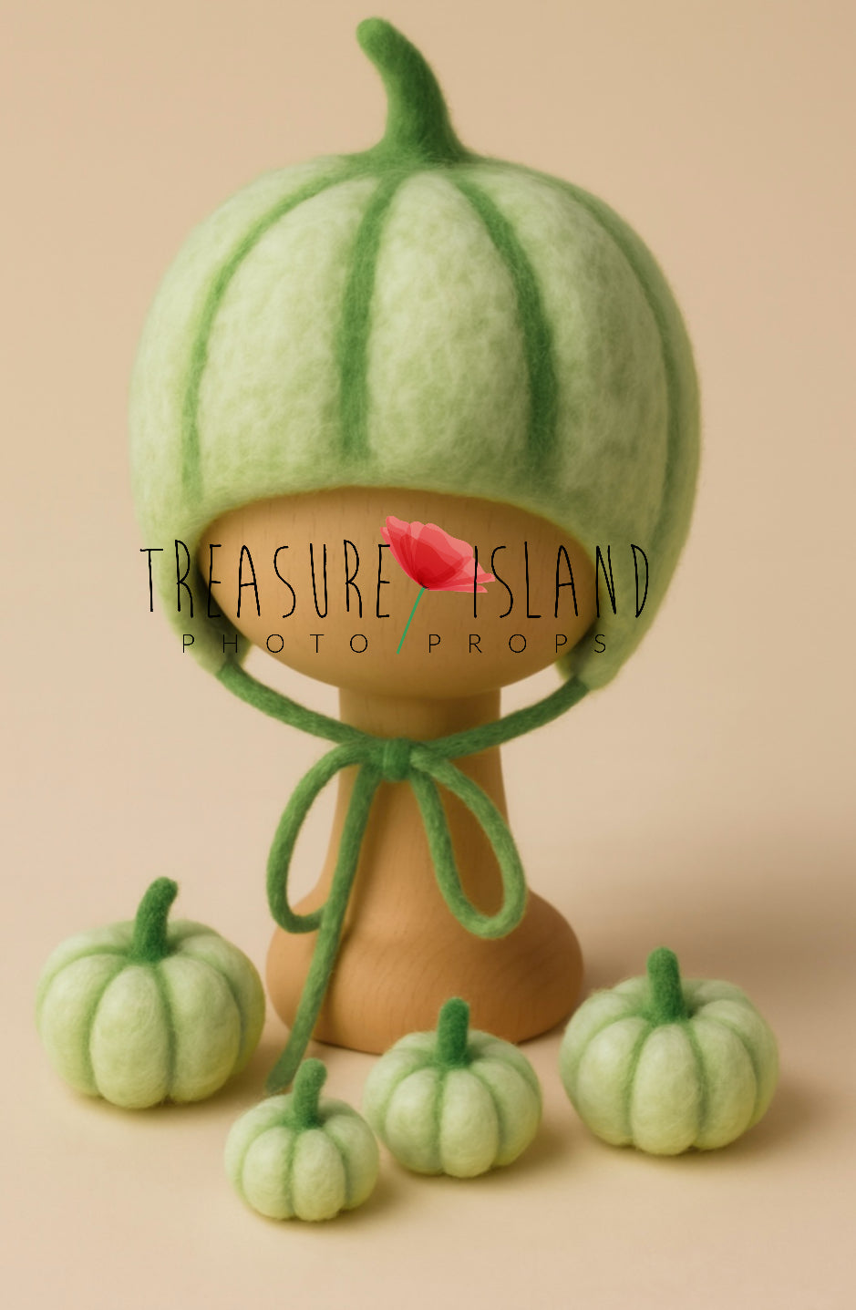 Fresh Verdant green felted pumpkin bonnet with matching mini pumpkins for newborn photography