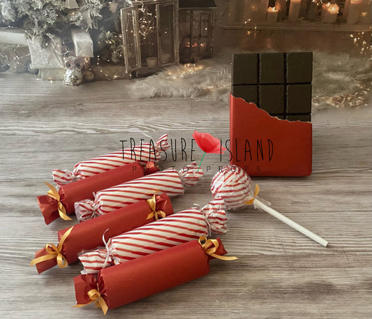 Giant chocolate bar, wrapped candies and lollipop props for Christmas Candyland photography