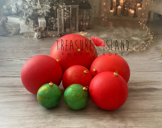Giant red and green Christmas baubles in multiple sizes for photography studio setups