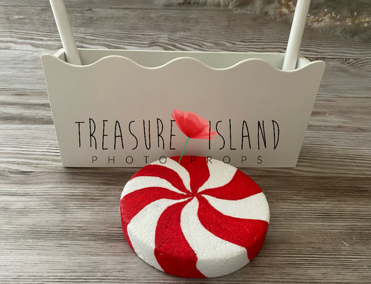Giant red and white peppermint candy disc for Christmas and Cake Smash photography setups