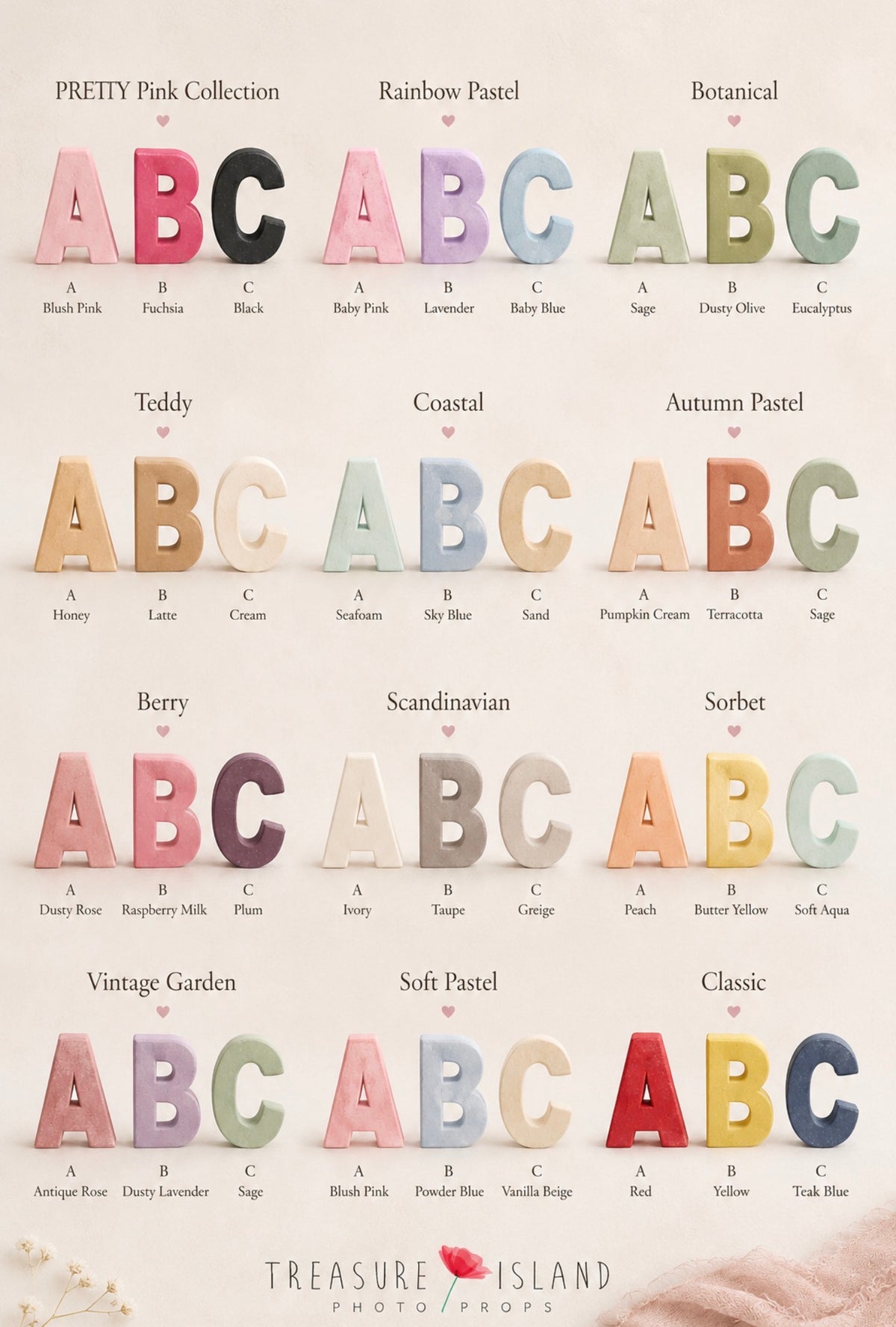 Color inspiration chart showing twelve suggested ABC letter combinations for oversized styrofoam photography props, from soft pastels to vibrant primary colors