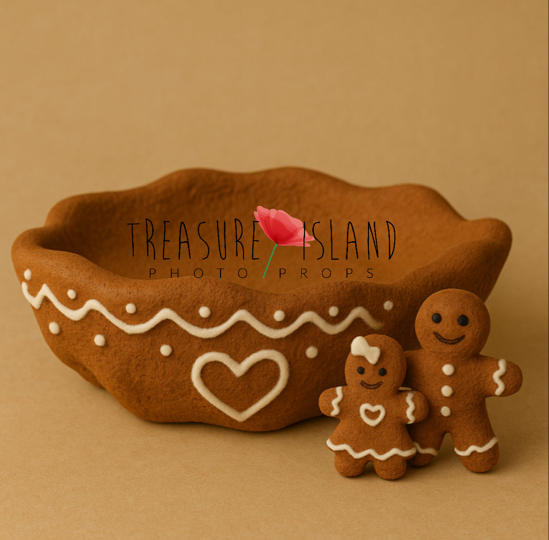 Gingerbread Christmas photography bowl with hand-felted icing details and two felted gingerbread figures for newborn and sitter sessions