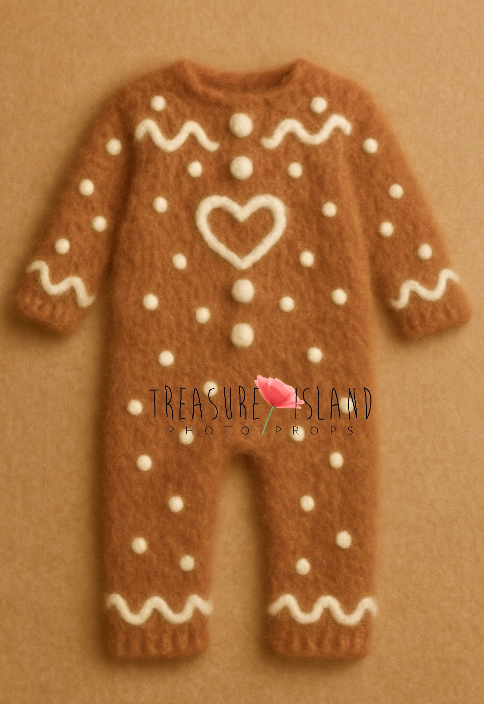 Handmade brown Gingerbread romper with white icing-inspired wool details for newborn and sitter Christmas photography