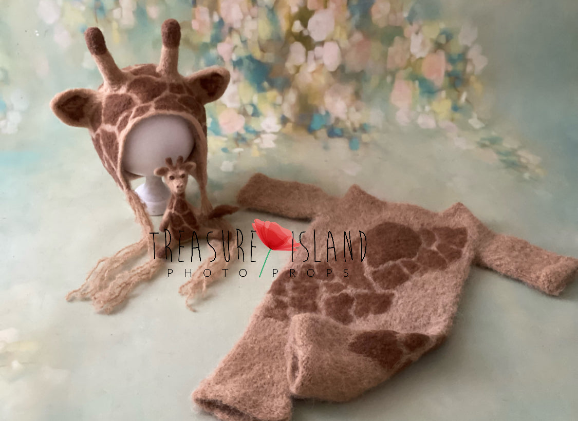 Handmade beige and brown giraffe bonnet and romper set with hand-felted markings