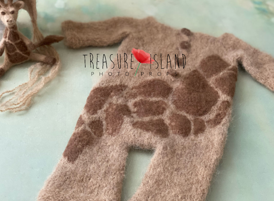 Handmade giraffe romper with individually hand-felted brown markings for photography
