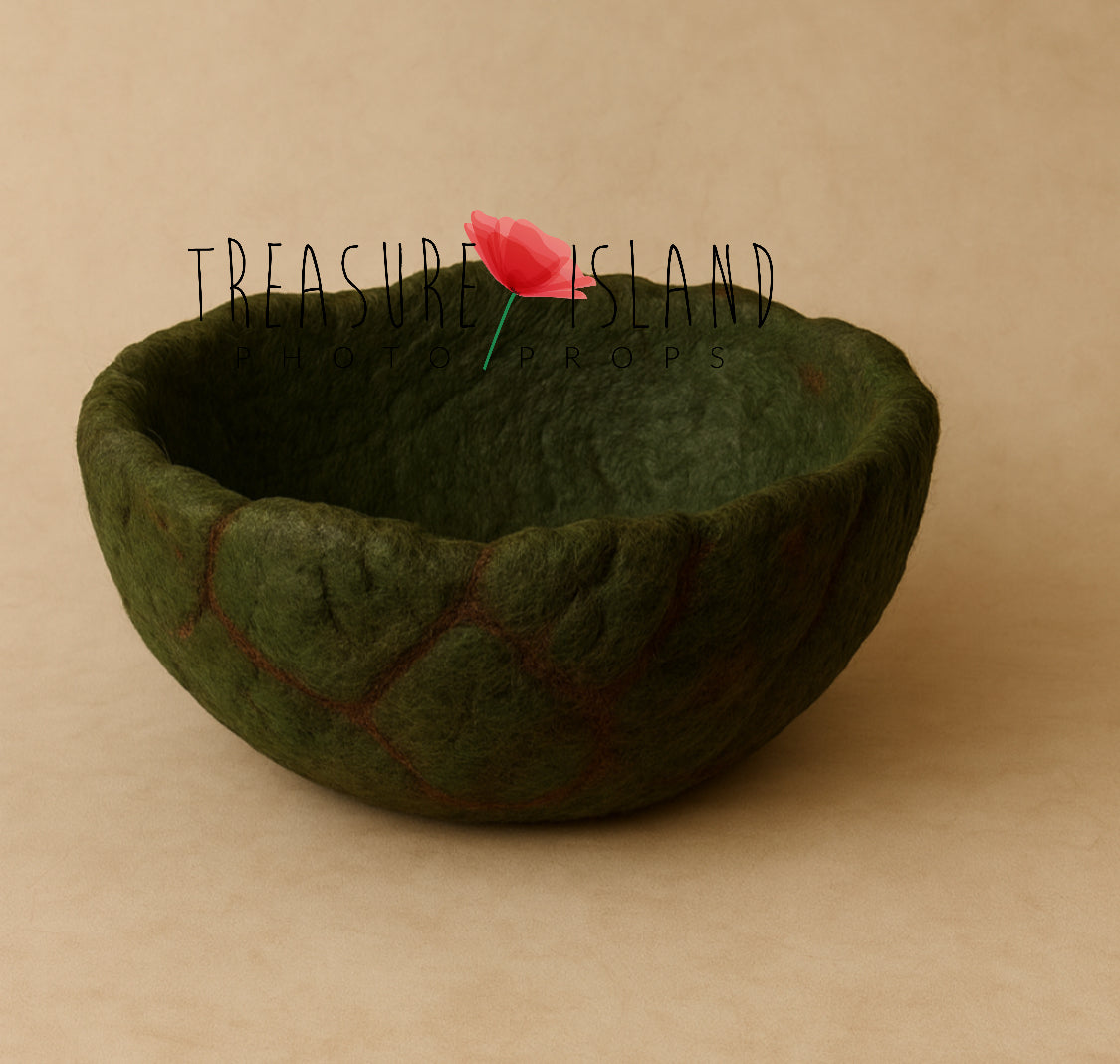Green handmade styrofoam Volcano Bowl with volcanic stone texture for dragon newborn photography