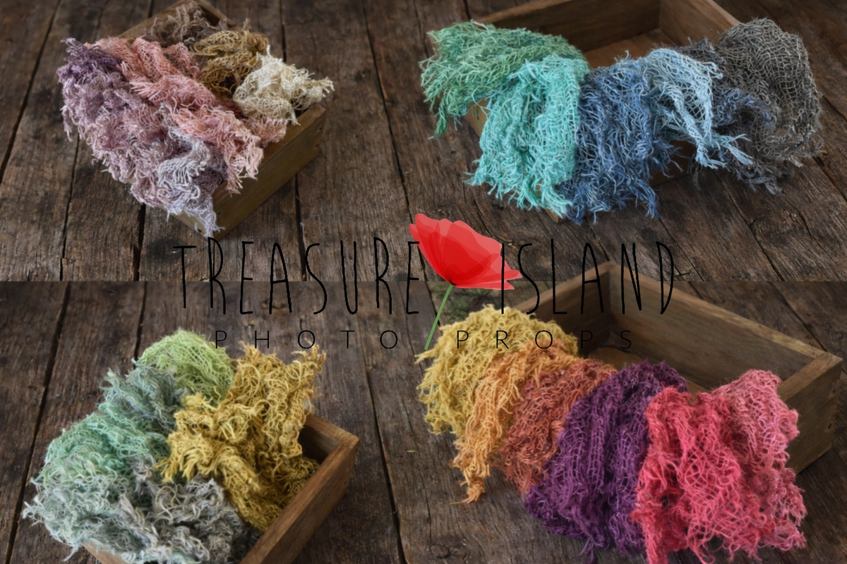 Hand-dyed textured jute photography layers in assorted colors styled with rustic wooden props