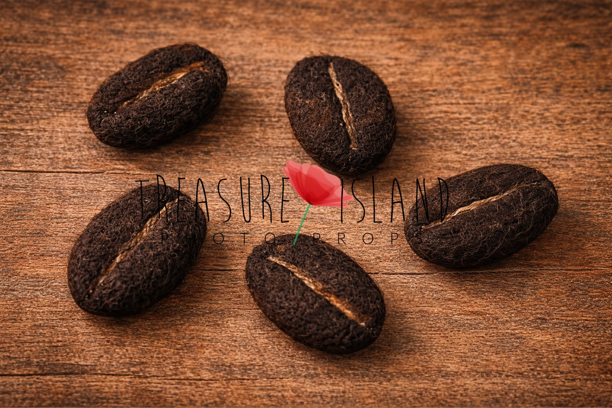 Set of handmade felted coffee beans for café and food themed photography sessions