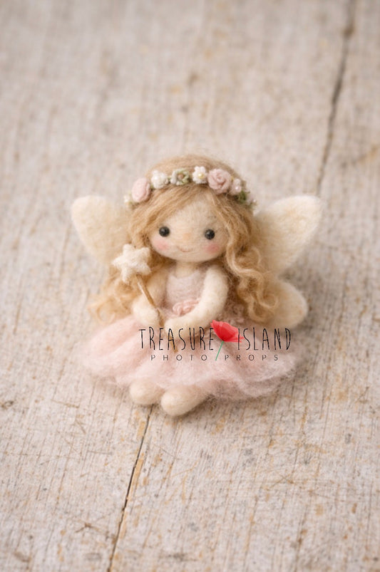 Hand-felted blush pink fairy doll with wings, floral crown and magic wand for newborn photography