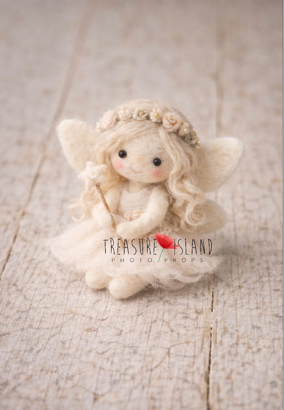 Cream hand-felted fairy doll with blonde curls, felt wings and floral crown for newborn photography