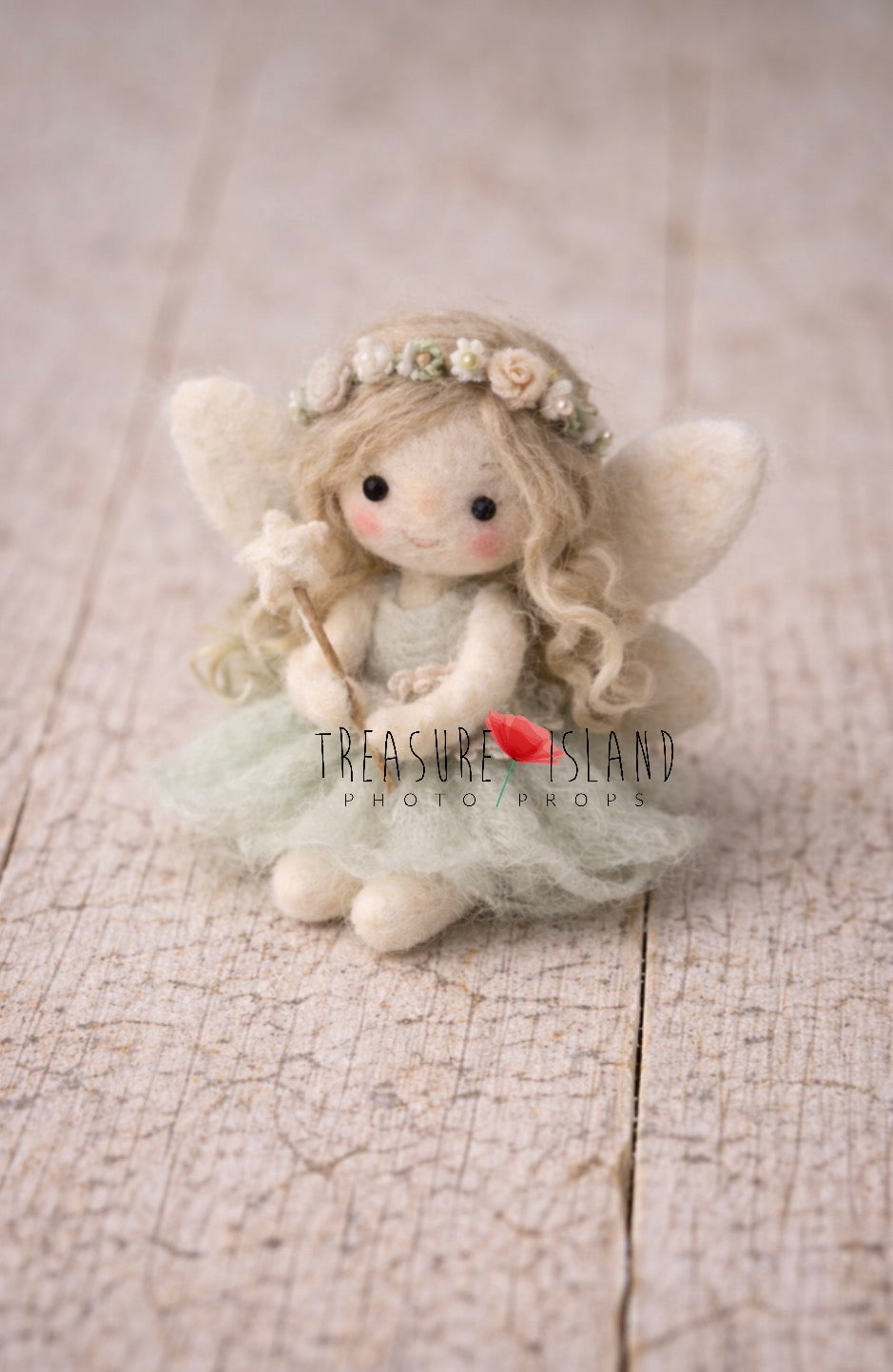 Soft mint hand-felted fairy doll with floral crown and wings for newborn photography styling