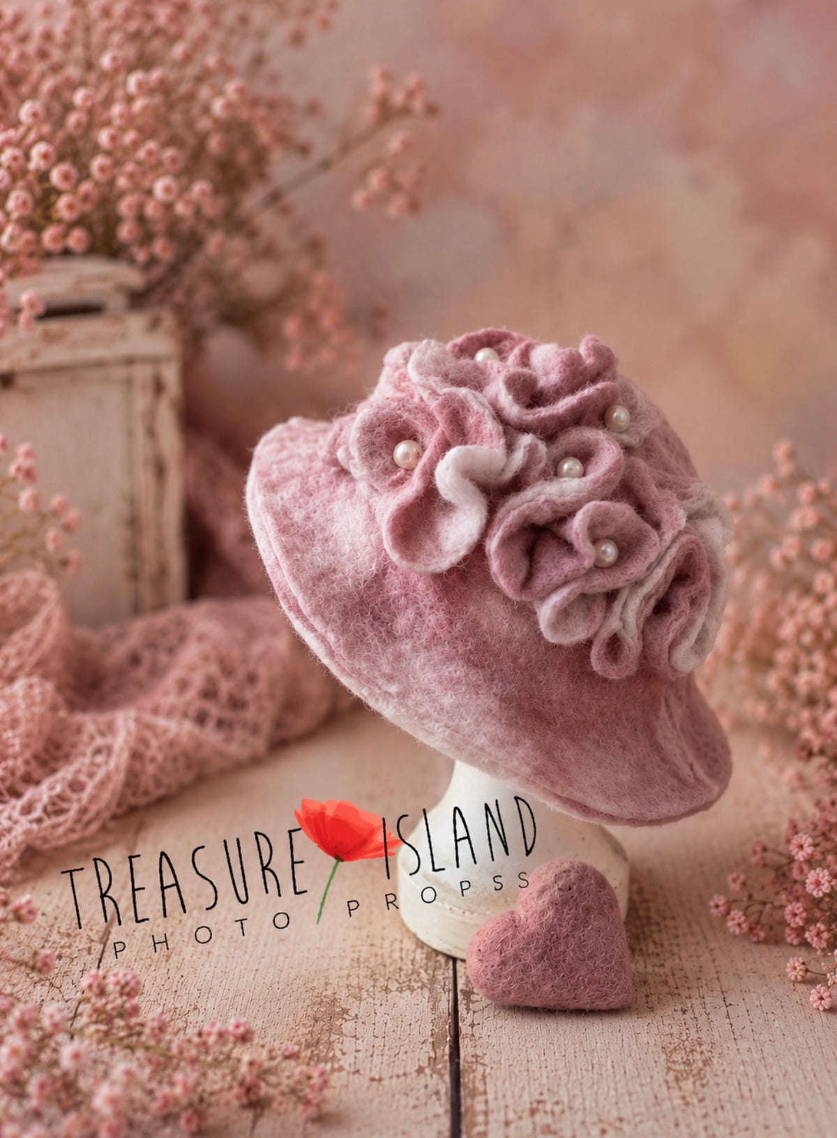Pink hand-felted floral bonnet with pearl details for newborn and sitter photography